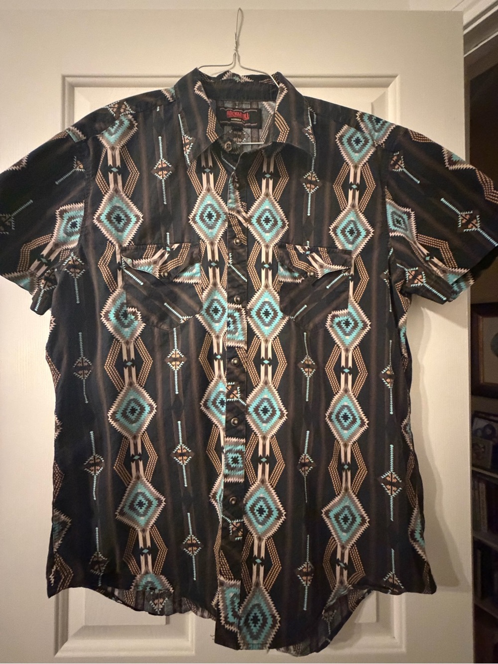Men's Geometric Short-Sleeve Button-Down Shirt in Black and Teal